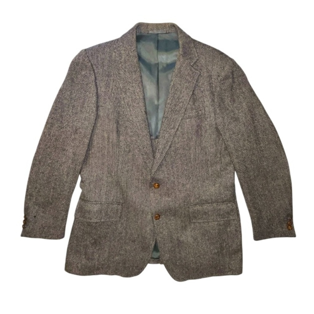 Wool Herringbone Tweed Blazer Sport Coat Jacket Men's 44R Tan Brown Academia